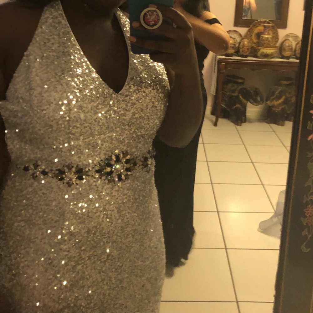 Platinum Silver sequined Semi Backless Dress
